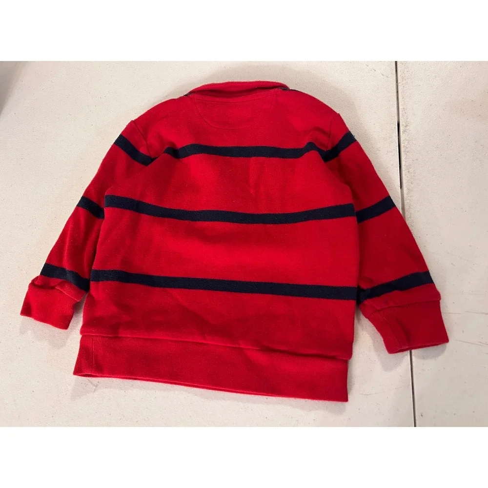 Ralph Lauren Baby Boy Red Navy Blue Striped Quarter Zip Pullover Sweatshirt 12M
